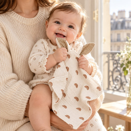 Bébé souriant dans les bras de son parent, qui tient à deux mains le doudou lapin en gaze de coton
