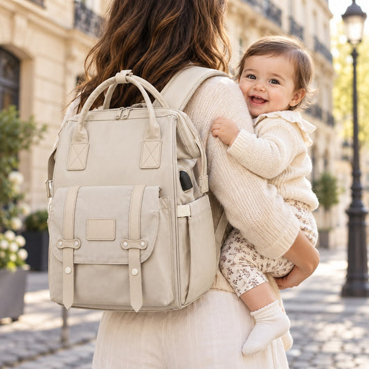 Sac à dos à langer beige avec port USB porté sur le dos, bébé souriant dans les bras de son parent