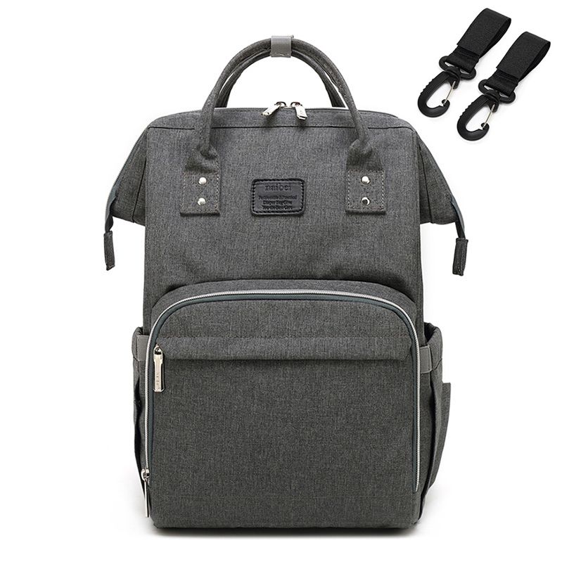 Sac à dos à langer Naibei gris foncé et ses deux crochets pour poussette