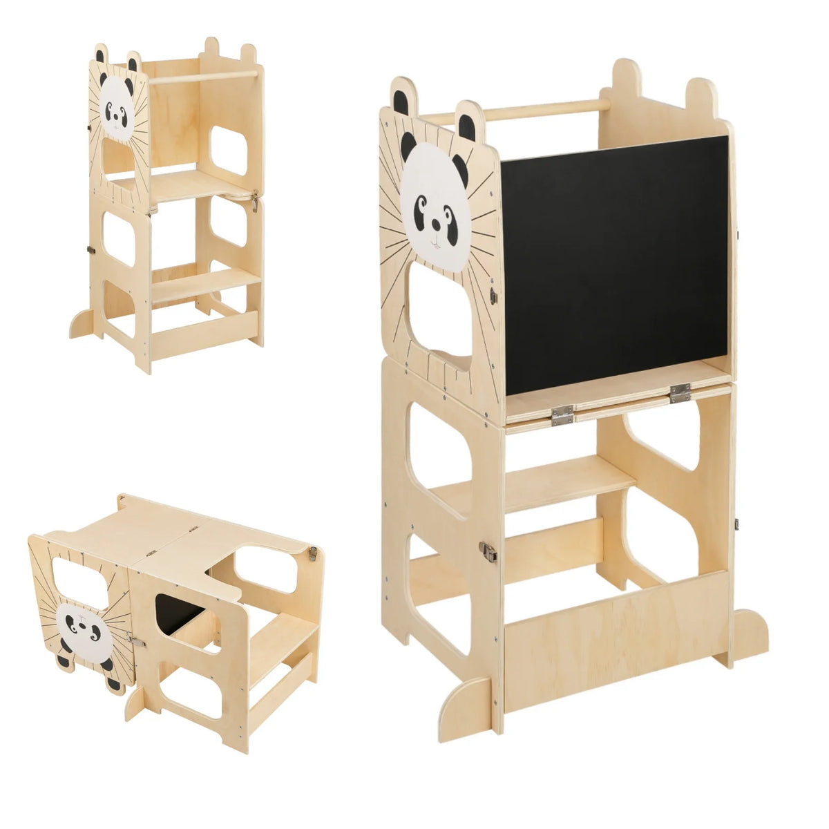 Tour d'apprentissage Montessori en bois et ses deux autres usages, table et chaise