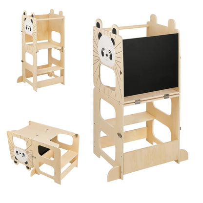 Tour d'apprentissage Montessori en bois et ses deux autres usages, table et chaise