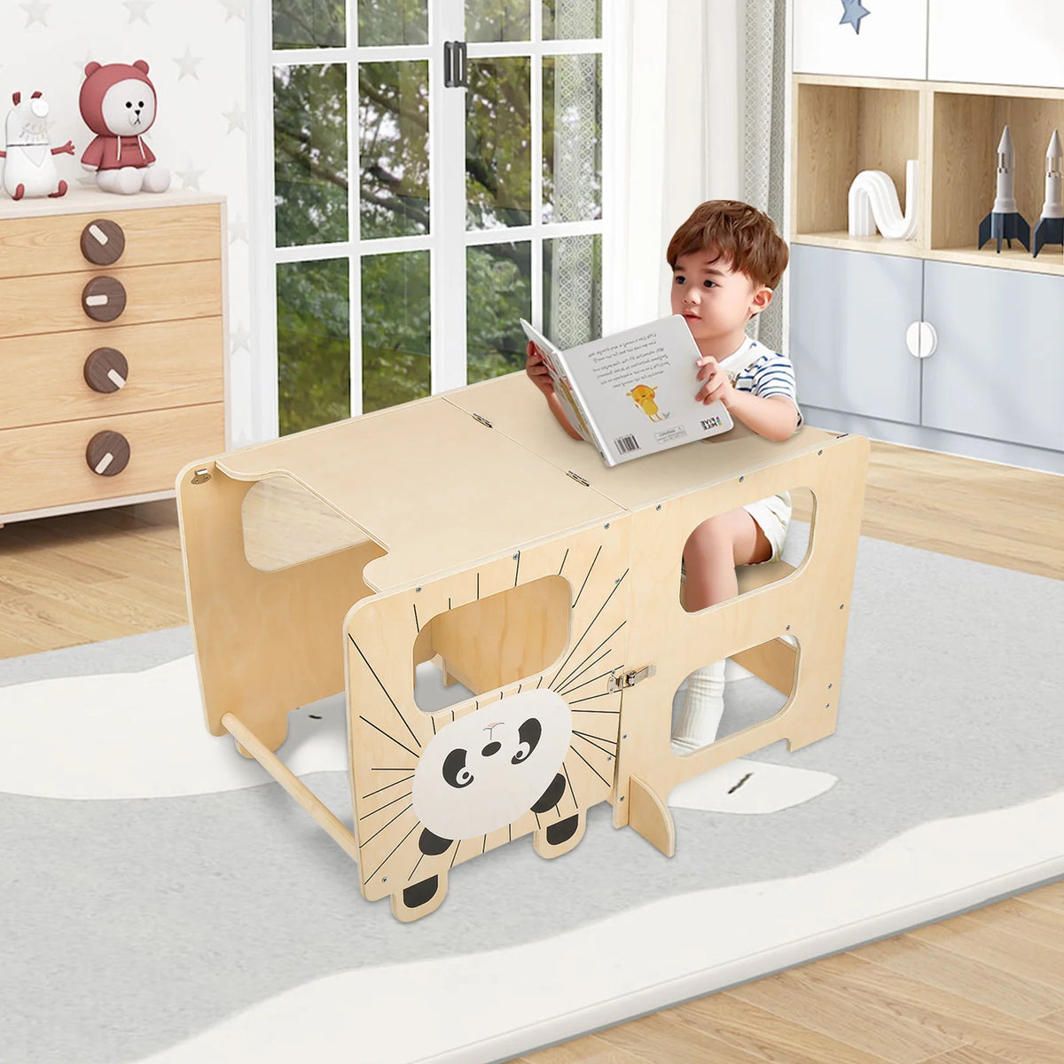 Tour d'apprentissage transformée en table et chaise pour enfant