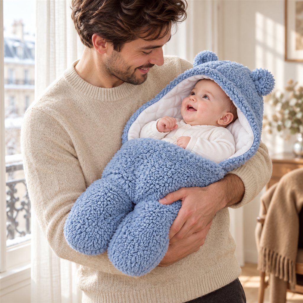 Un père sourit à son bébé éveillé, emmitouflé dans le nid d’ange BabyWrap bleu à oreilles d’ourson