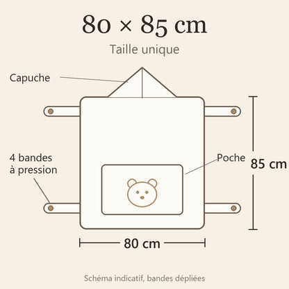 Schéma de la cape : 80 × 85 cm, petite capuche en pointe, 4 bandes à pression et poche ourson