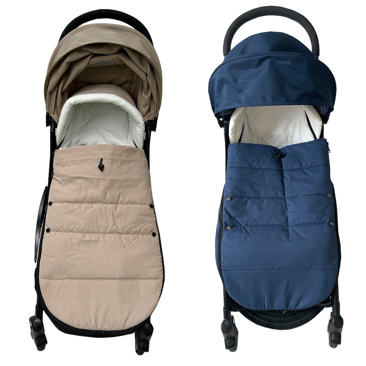 Chancelière taupe et chancelière bleu marine sur poussette