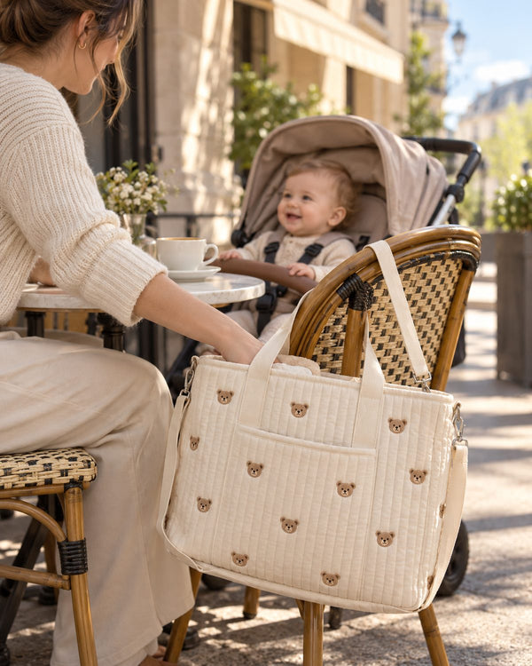 Sac à langer matelassé crème brodé d’oursons, suspendu à une chaise de terrasse, près d’un bébé souriant dans sa poussette