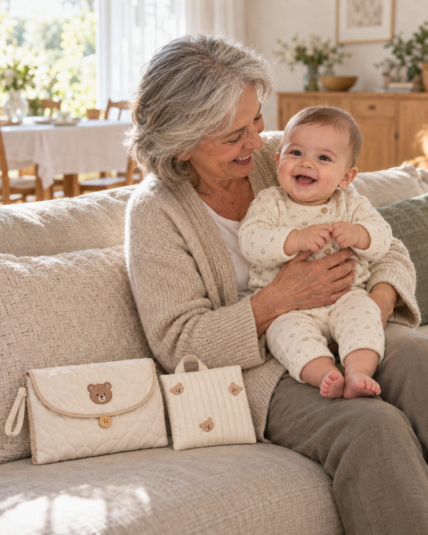 Une grand-mère tient un bébé souriant sur ses genoux, à côté du tapis à langer nomade plié, brodé d’un ourson, et d’une pochette matelassée