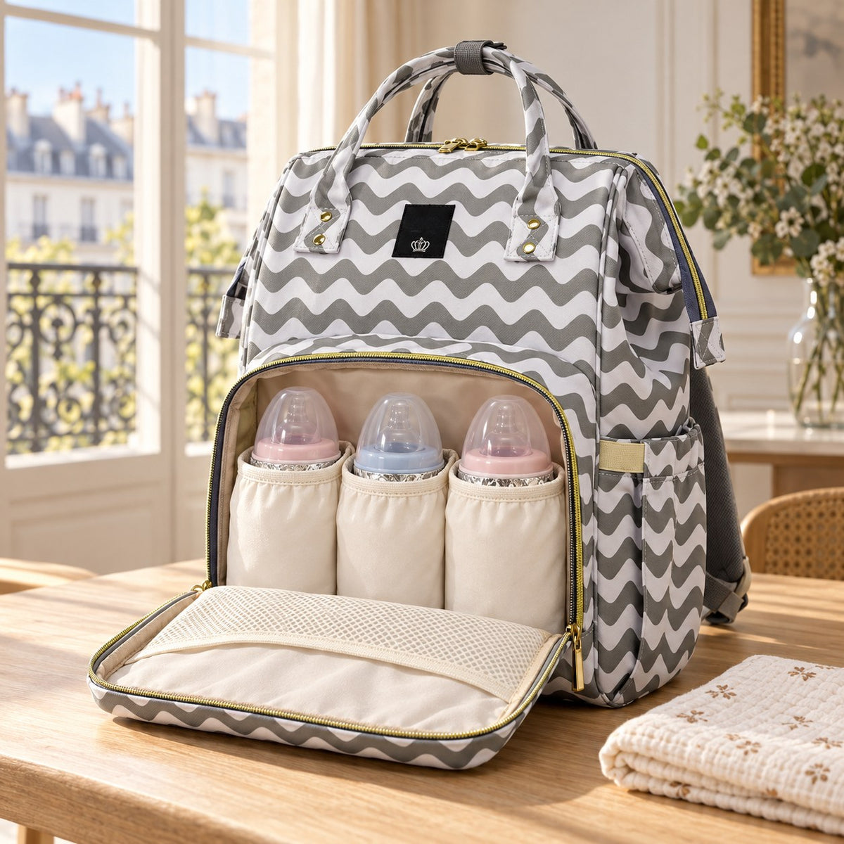 Poche avant ouverte du sac à langer Lequeen motif ondulé, trois biberons dans la doublure isolante
