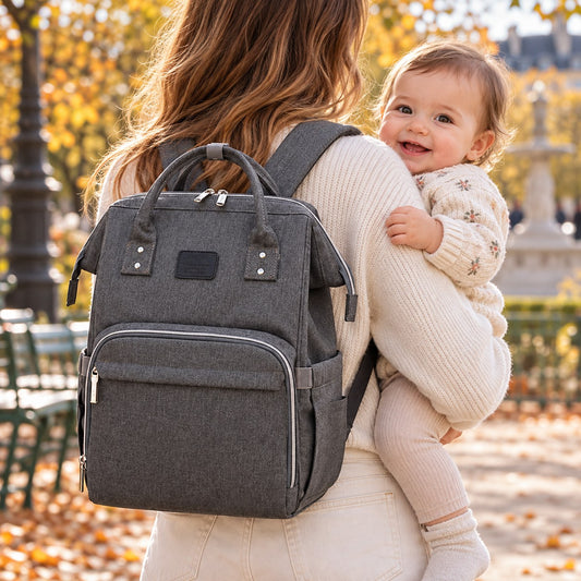 Sac à dos à langer Naibei gris foncé porté sur le dos, bébé souriant dans les bras de son parent