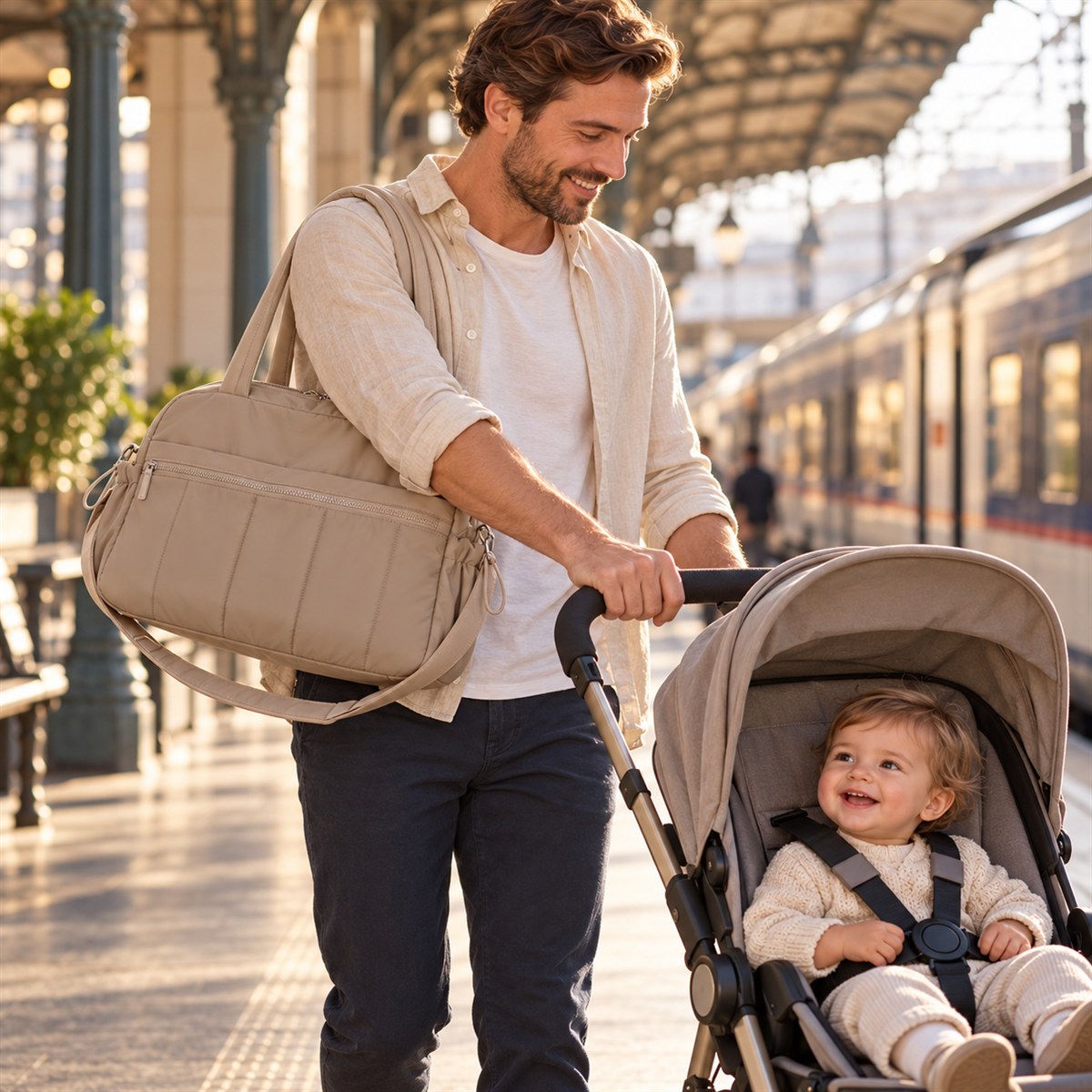 Papa sur un quai de gare avec le sac à langer week-end à l'épaule et son enfant éveillé en poussette